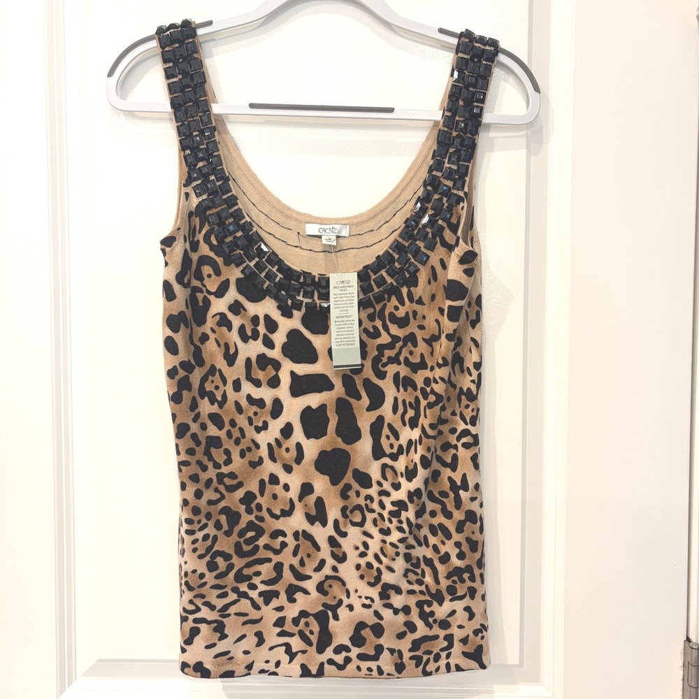 Vtg Cache Tank Top Large Tan Black Leopard Print Beaded Embellished Scoop Neck